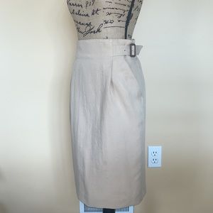 Khaki Linen Blend Midi Pencil Skirt